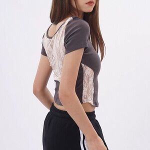 Elegant Lace Panel Gray Top
